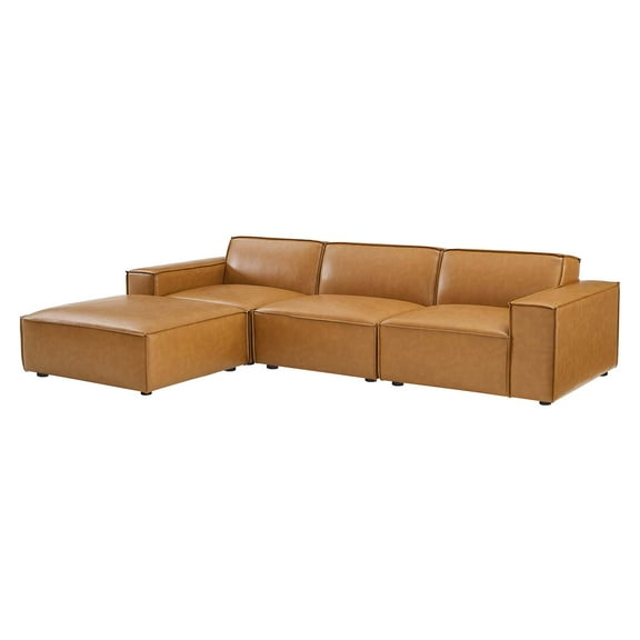 Sectional Sofa Set, Faux Vegan Leather, Tan, Modern Contemporary Urban Design, Living Lounge Room Hotel Lobby Hospitality