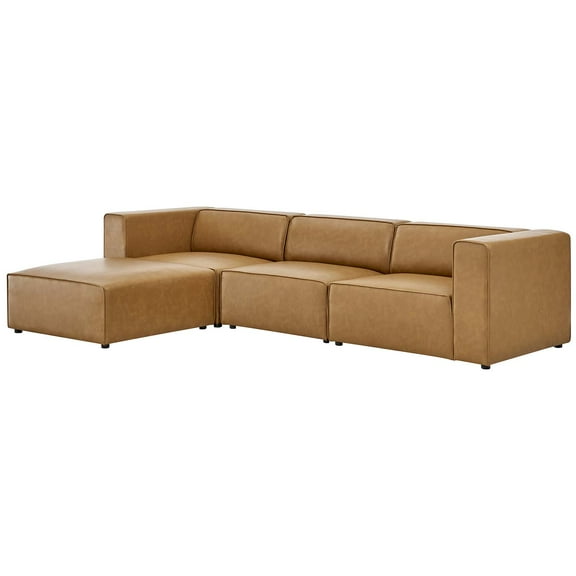 Sectional Sofa Set, Faux Vegan Leather, Tan, Modern Contemporary Urban Design, Living Lounge Room Hotel Lobby Hospitality