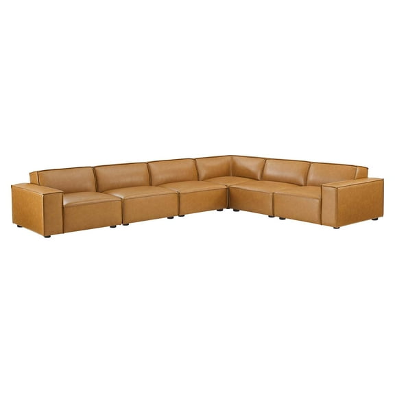 Sectional Sofa Set, Faux Vegan Leather, Tan, Modern Contemporary Urban Design, Living Lounge Room Hotel Lobby Hospitality