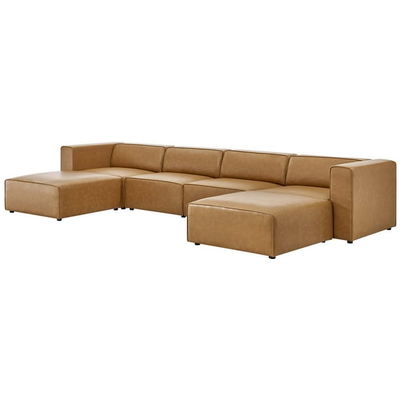 Sectional Sofa Set, Faux Vegan Leather, Tan, Modern Contemporary Urban Design, Living Lounge Room Hotel Lobby Hospitality