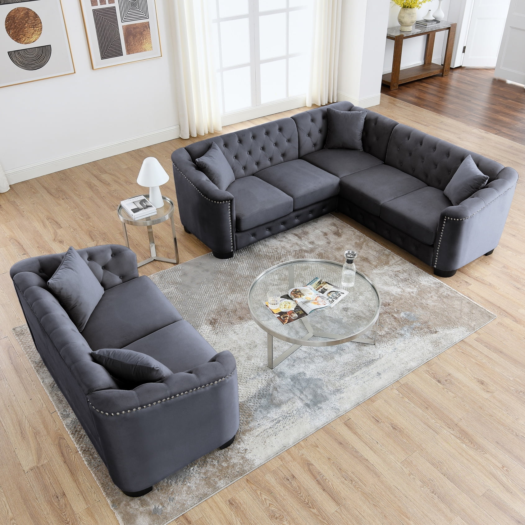Sectional Sofa Set for Living Room, Velvet LShaped Corner Sofa 2