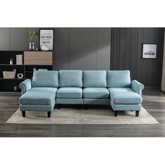 L-Shaped Sectional Sofa with Movable Ottaman, Modern Upholstered Accent Sofa with Armrest and Padded Back Double Extra Wide Chaise Lounge Couch for Living Room Bedroom Apartment, Light Blue