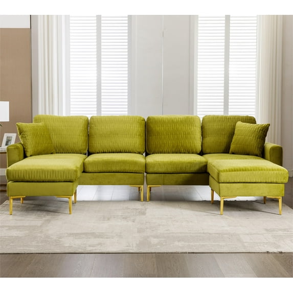 Sectional Sofa Set with Ottoman, U Shaped Velvet Upholstered Living Room Sofa with Padded Back,Indoor Modular Accent Sofa Couch Sleeper for Living Room Apartment Office,Olive