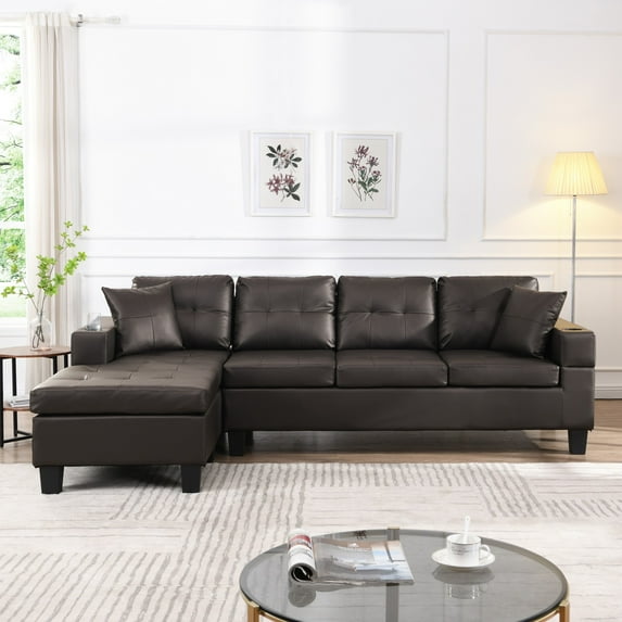 Sectional Sofa Set for Living Room with L Shape Chaise Lounge, Cup Holder and Left or Right Hand Chaise Modern 4 Seat (Brown)