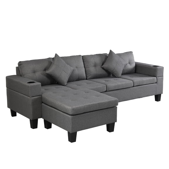 Sectional Sofa Set for Living Room with L Shape Chaise Lounge, Cup Holder and Left or Right Hand Chaise Modern 4 Seat, Faux Linen (Grey)
