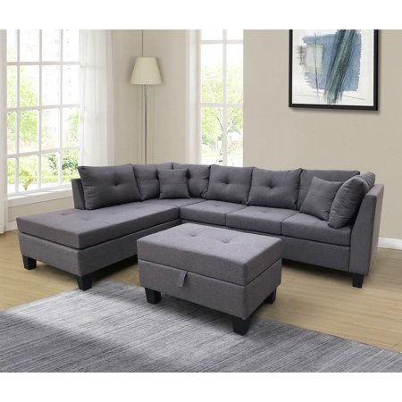 Sectional Sofa Set for Living Room with Left Hand Chaise Lounge and Storage Ottoman (Grey)