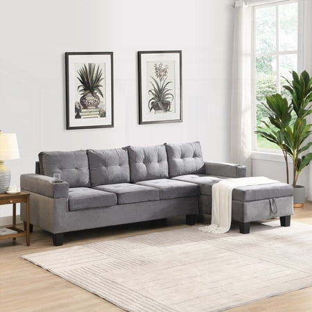 Sectional Sofa Set with L Shape Chaise & Storage - Grey
