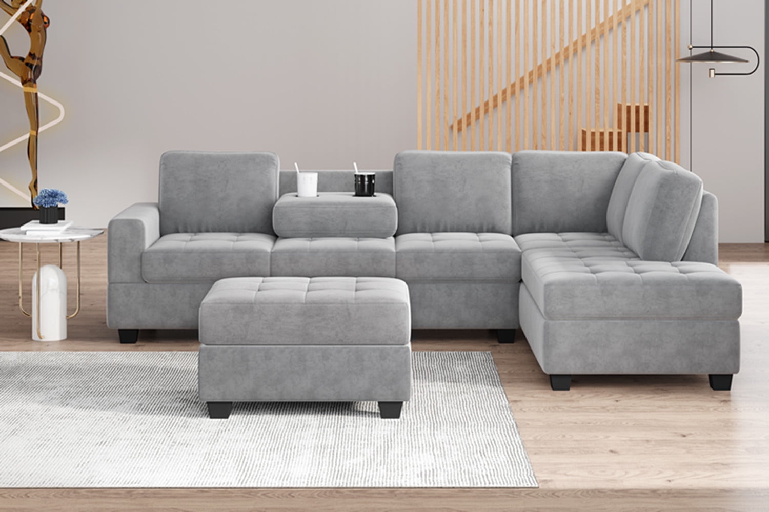 Sectional Sofa with Storage Ottoman and Reversible Chaise Lounge L Shaped Tufted Cushion Corner Sofa with 2 Cup Holders Modern 3 Piece Velvet