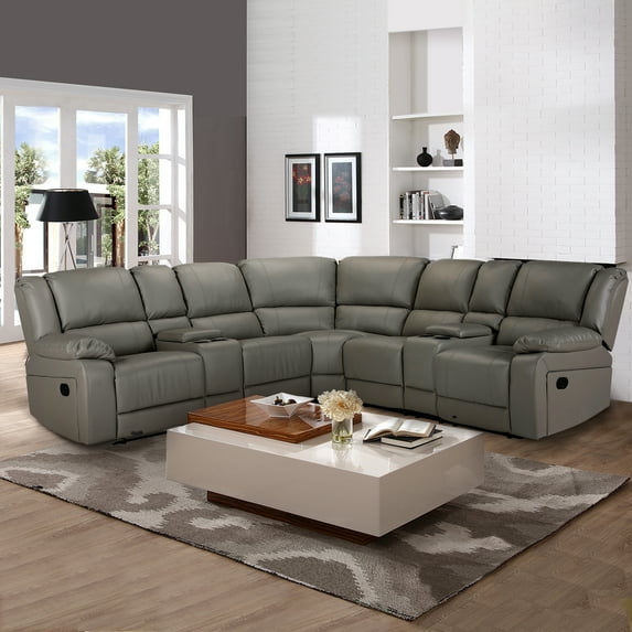 Sectional Sofa, Symmetrical Reclining Sectional Sofa PU Motion Sofa Living Room Sofa Corner Sectional Sofa with Cup Holder (Grey)