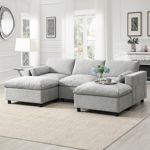 Sectional Sofa, U Shaped Couch, Modular Sofa with Side Storage Pockets, 2 Movable Ottomans and Pillows, 5-Seat Chenille Couch for Living Room, Apartment, 86.5 Inch, Medium Grey