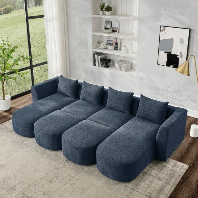 Sectional Sofa, U-Shaped Couch with2 Single Seat, 2 Chaises and 2 Ottomans, Modular Modern Sofa Couch with Ottoman, Filled Reversible Sofa Couch with Waist Pillows (Navy)