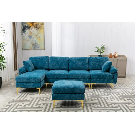 Modular Sectional Sofa Couch with Reversible Chaise Velvet, L Shaped Couch Sofa with Removable Ottoman, 3 Seater Sofa with Pillows and Golden Metal Legs, U-Shaped Corner Sofa for Living Room,Teal Blue