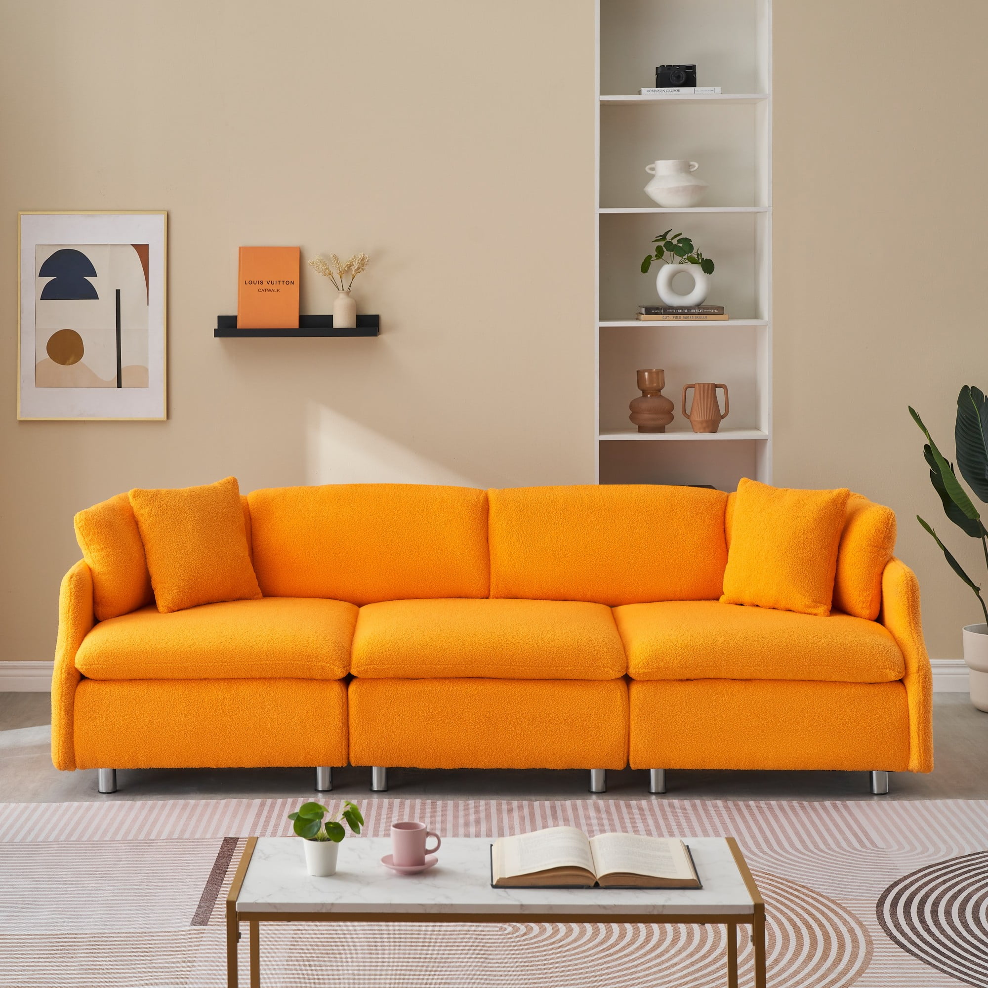 Sectional Sofa for Living Room,95.3 " Sofa Couch with Teddy Fabric,3 Seat Sofa Set with Two Throw Pillows for Apartment,Orange