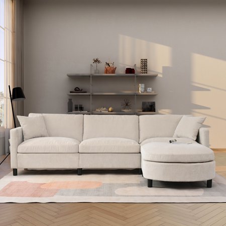 Sectional Sofa with Detachable Seat and Back Cushions | Ottoman Can Move & Armrest Storage | Living Room Space