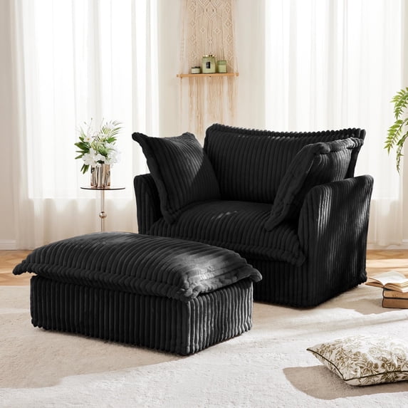 49" Oversized Corduroy Accent Chair with Ottoman, Deep Seat Lounge Chair with Removable Cover, Converts to Chaise Sofa for Bedroom or Living Room,Beige