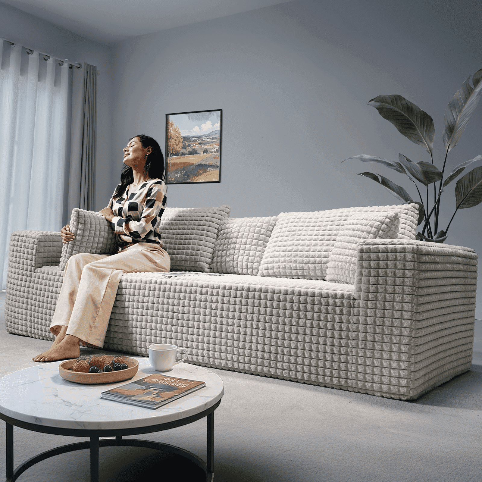 Patbrela 101" Couch for Living Room Furniture Diamond Boneless Sofa with 31-inch Extra Deep Seat, No Assembly, Beige