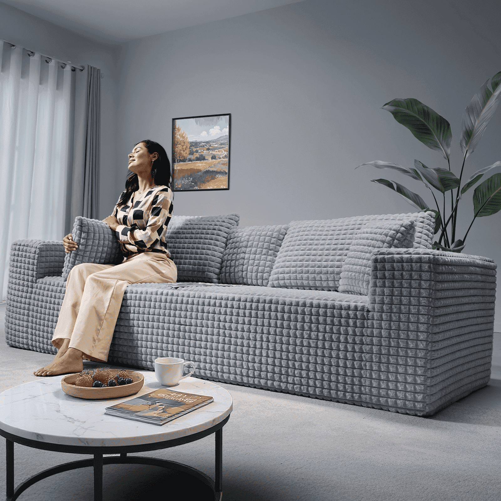 Patbrela 101" Couch for Living Room Furniture Diamond Boneless Sofa with 31-inch Extra Deep Seat, No Assembly, Gray