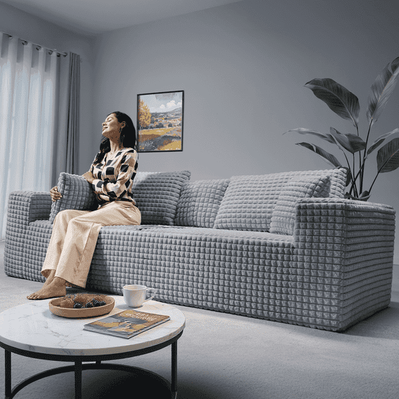 Patbrela 101" Couch for Living Room Furniture Diamond Boneless Sofa with 31-inch Extra Deep Seat, No Assembly, Gray