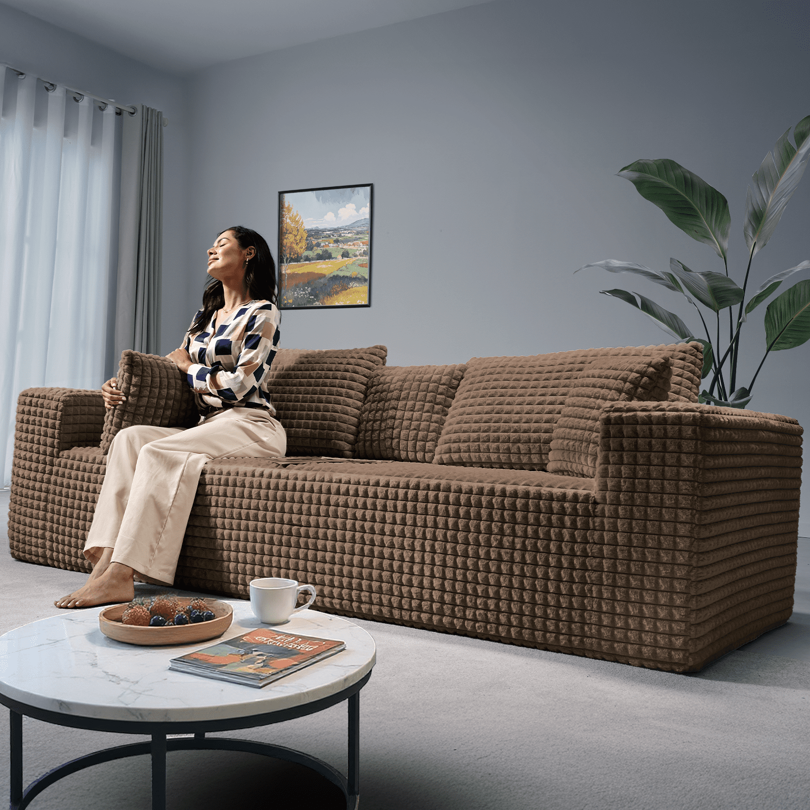 Patbrela 101" Couch for Living Room Furniture Diamond Boneless Sofa with 31-inch Extra Deep Seat, No Assembly, Brown