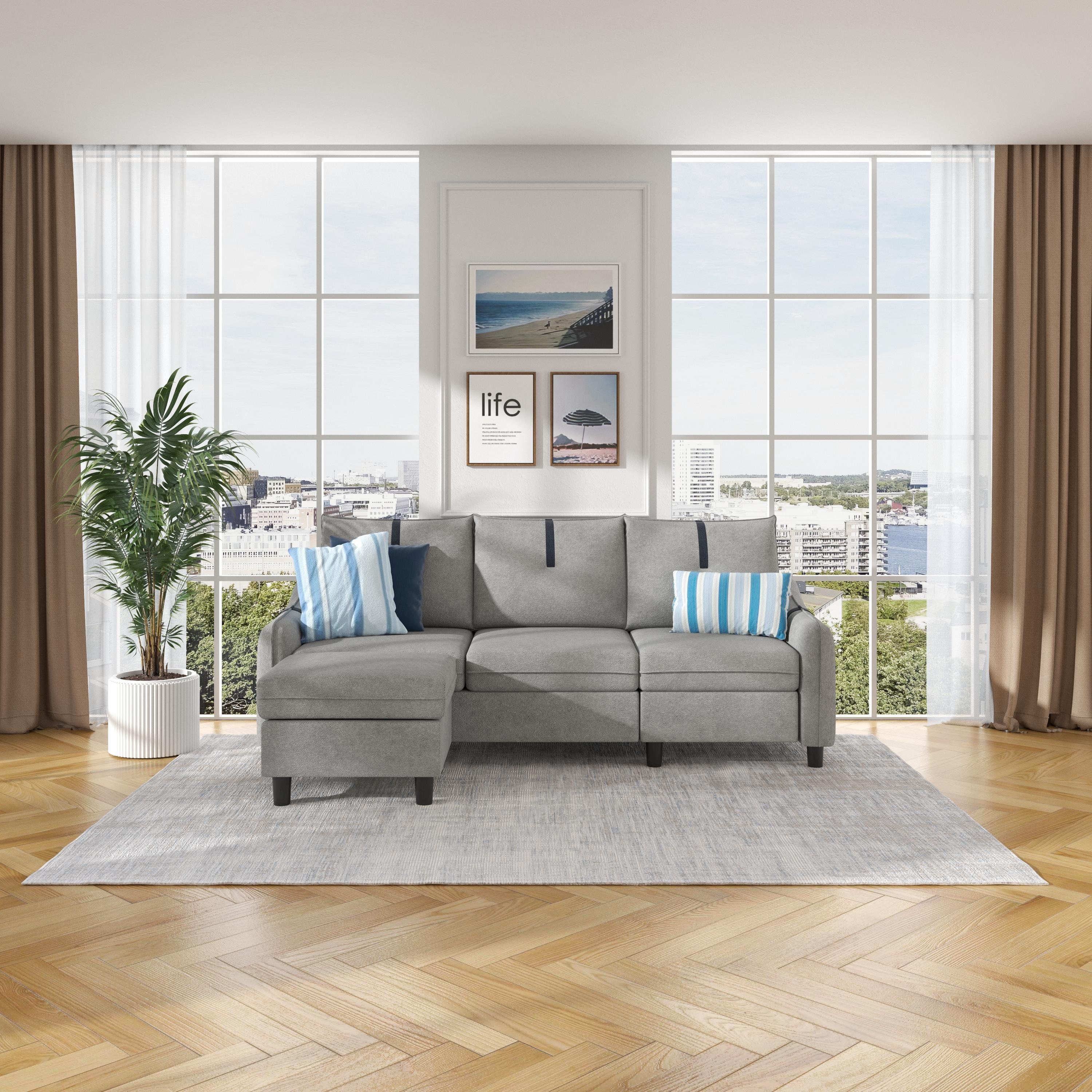 Sectional Sofa with Reversible Ottoman for Living Room Light Grey