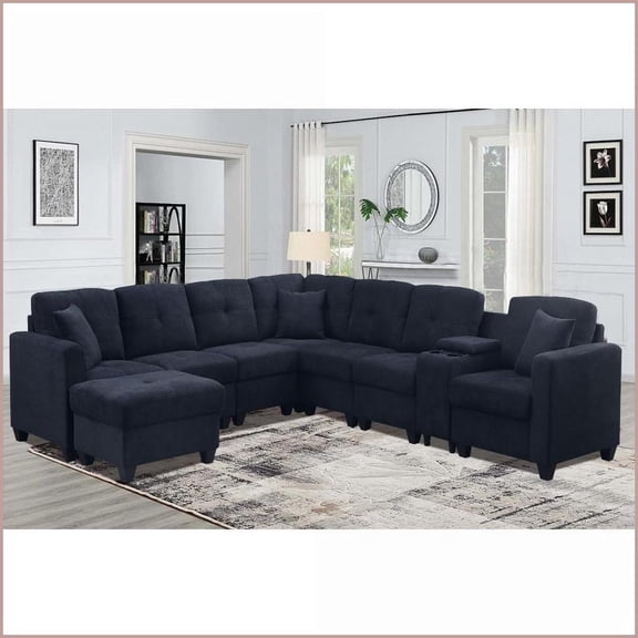 Sectional Sofa with Solid Wood Frame - Plush Velvet Microfiber, Cup Holders for Living Room | Dark Blue | Velvet | Square Arms