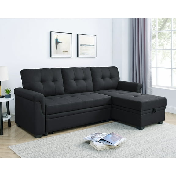 Sectional Sofas, 86'' Upholstered Pull-Out Sofa Bed, Black Large Sectional Couches,Polyester Modular Sectionals, Furniture, Primary Living Space, Sectionals 86'' Upholstered Pull-Out Sofa Bed