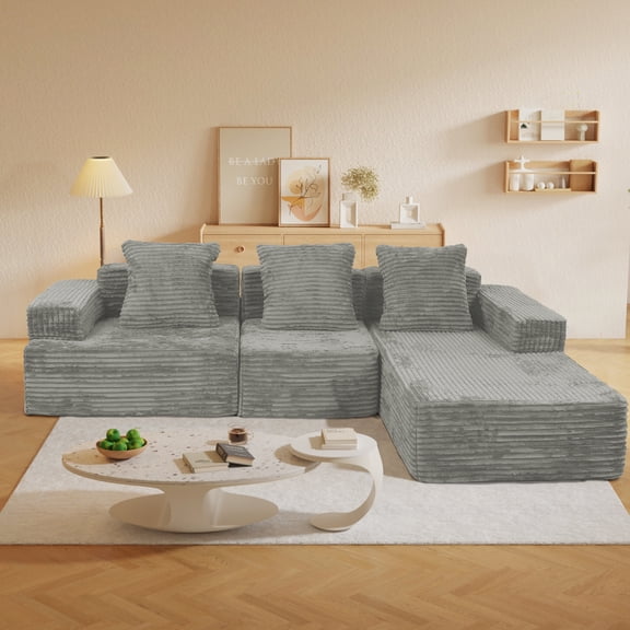 Sectional Sofas Compression Sectional Couch with Comfy Chaise, Boneless L Shape Sofa with Deep Seat, Minimalist Modular Couches Sleeper for Living Room Bedroom Apartment Lounge,corduroy Grey,Large Se