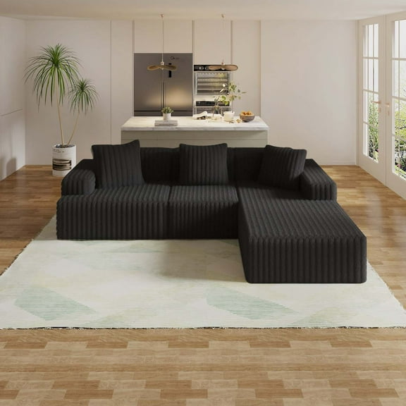 Sectional Sofas Compression Sectional Couch with Comfy Chaise, Boneless L Shape Sofa with Deep Seat, Minimalist Modular Couches Sleeper for Living Room Bedroom Apartment Lounge,corduroy,Black,Large S