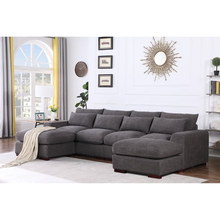 Sectional With 2 Ottomans - Dark Gray Linen, Supportive Foam Cushions Linen Gray, Quality And Comfort