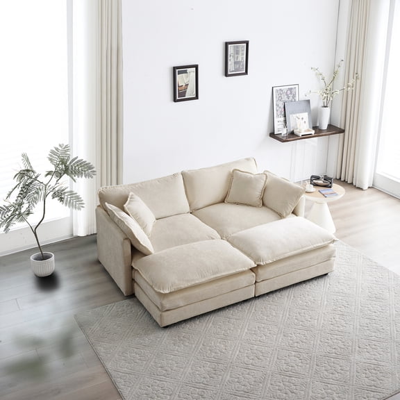 Sectional With 2 Seater And Ottomans, Luxury Upholstery High Stunning Ottomans In Beige Chenille