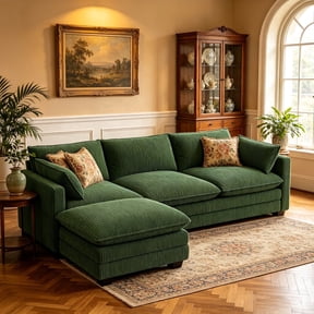 110.2" Cloud Couch Sectional, Lofka Modern Modular Sofa with Deep Seat, Upholstered Living Room Furniture Set with Movable Ottoman and 2 Throw Pillows, Green Couch