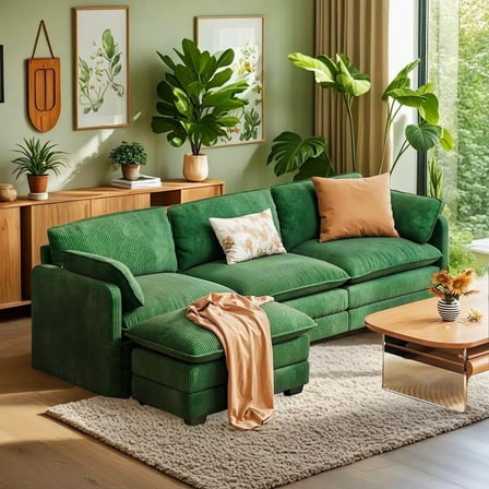 Sectional sofa,Lofka 110.2" L Shaped Cloud Sectional couch with Ottoman and Deep Seat, Upholstered couches for Living Room, Bedroom and Apartment, Green couch