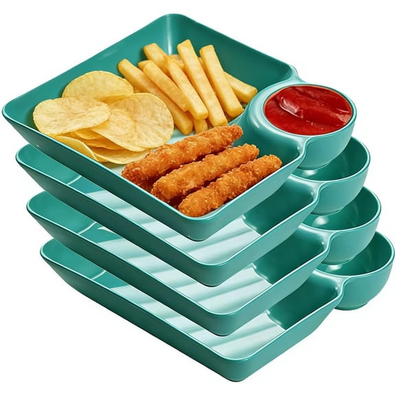 Sectioned Platter with Dipping Compartment – 4-Piece Japanese-Style Gyoza Dipping Dish Set – Square Serving Tray for Sushi, Chips & Dip – Reusable Plastic Appetizer Tray