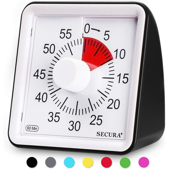 Secura 60-Minute Visual Timer, Classroom Countdown Clock, Silent Timer for Kids and Adults, Time Management Tool for Teaching (Black)