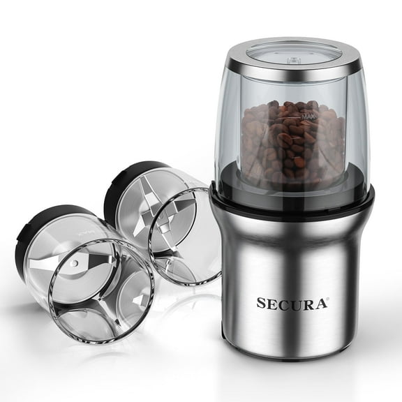 Secura Electric Coffee Grinder and Spice Grinder with 2 Glass Removable Bowls