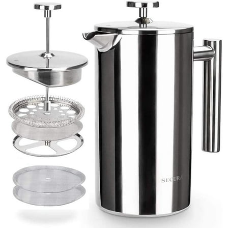 Secura French Press Coffee Maker, 304 Grade Stainless Steel Insulated Coffee Press with 2 Extra Screens, 34oz (1 Litre), Silver