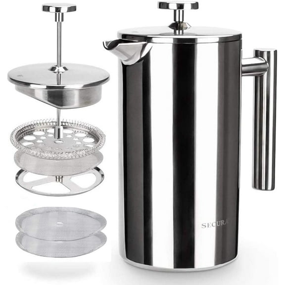 Secura French Press Coffee Maker, 304 Grade Stainless Steel Insulated Coffee Press with 2 Extra Screens, 34oz (1 Litre), Silver