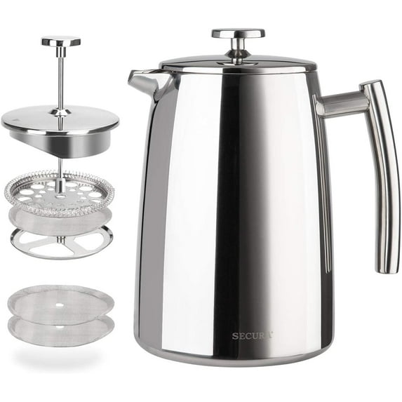 Secura French Press Coffee Maker, 34-Ounce, 18/10 Stainless Steel Insulated Coffee Press with Extra Screen