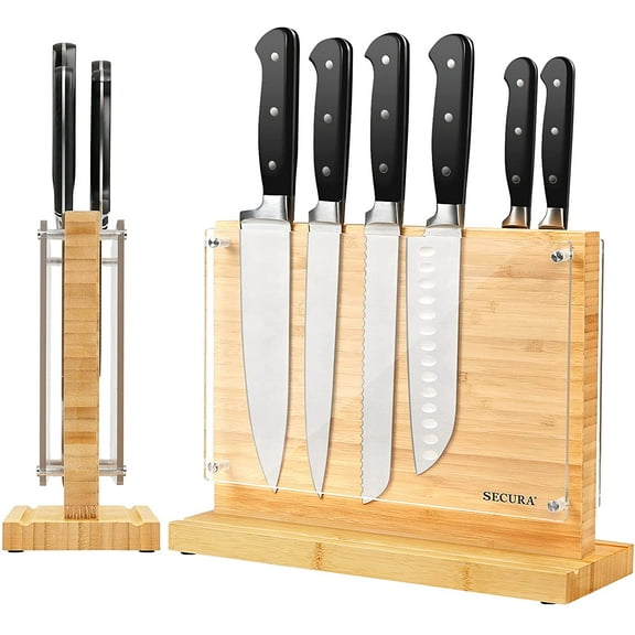 Secura Magnetic Knife Block Double side Knives Holder Bamboo Knife Stand for Kitchen Cutlery Display Rack and Organizer with Acrylic Shield Double Side Storage Strongly Magnetic,12 inch