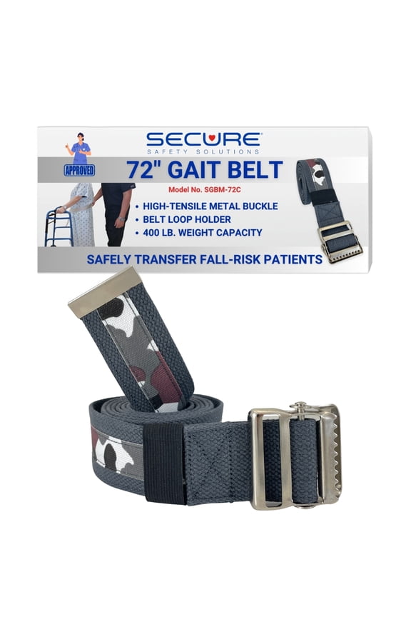 Transfer and Walking Gait Belt Camouflage Print 72 Inch, Metal Buckle - Medical Standing Assist Aid for Elderly Patients, Physical Therapy