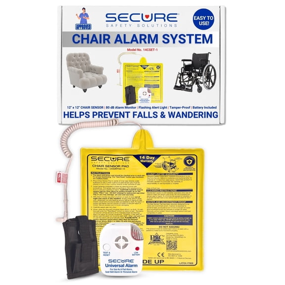 Secure Safety Solutions Chair Exit Alarm for Elderly Fall Prevention, Wheelchair Patient Alarm with 12" x 12" Sensor Pad, 80 dB Alert Monitor, Automatic Reset Caregiver Alert System for Dementia Care