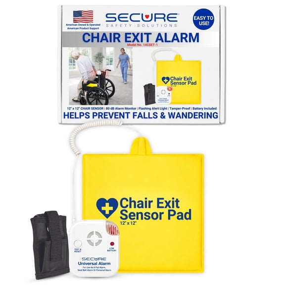 Secure Safety Solutions Chair Exit Alarm for Elderly Fall Prevention, Wheelchair Patient Alarm with 12" x 12" Sensor Pad, 80 dB Alert Monitor, Automatic Reset Caregiver Alert System for Dementia Care
