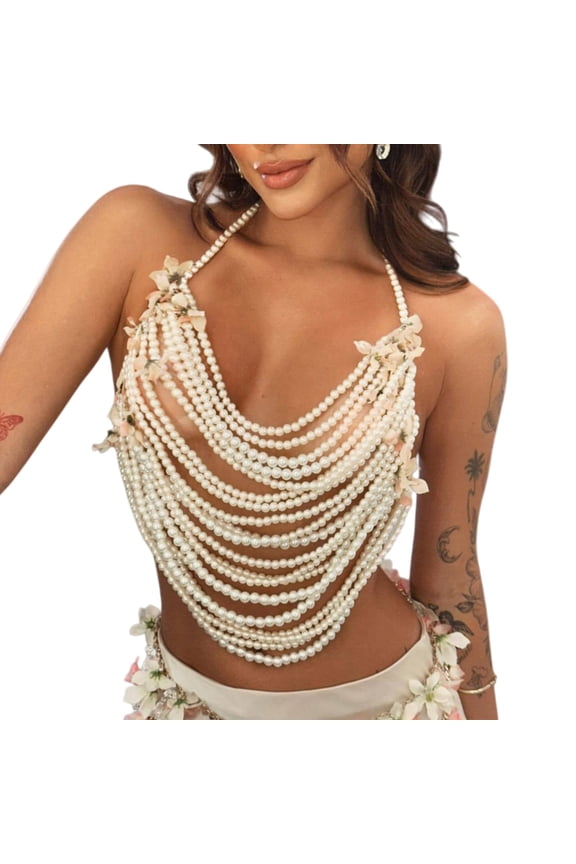 Secure Clasp Fake Pearls Layered Vest Breastplate Body Jewelry Chest Accessory For Parties Dancing Event
