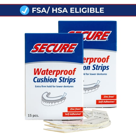 Secure Comfort Strips Waterproof Denture Adhesive - Customizable Fit, Extra Firm All Day Strong Hold for Lower Dentures - Zinc Free - 30 Strips (2 Pack)