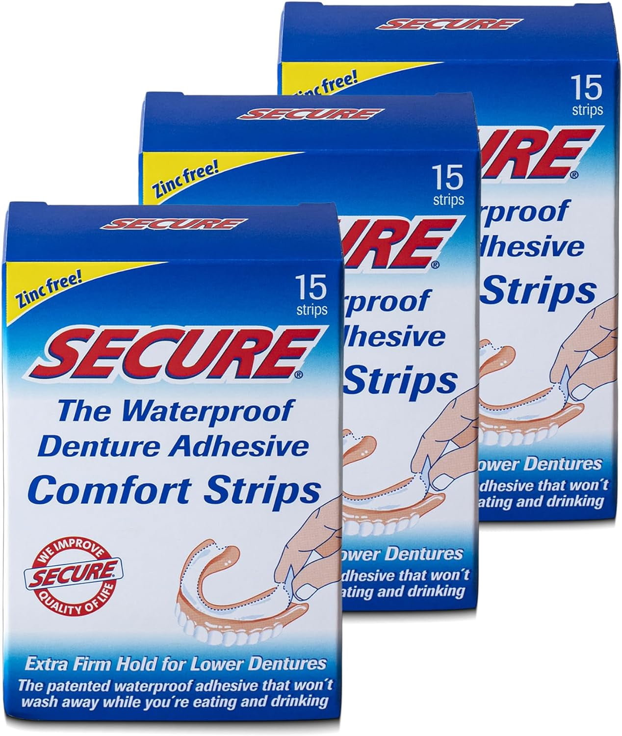Secure Comfort Strips Waterproof Denture Adhesive Zinc Free Extra