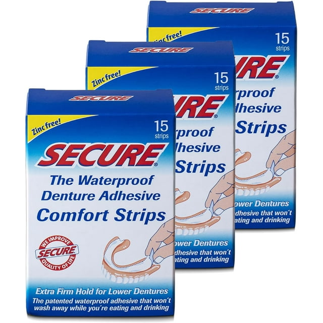 Secure Comfort Strips Waterproof Denture Adhesive Zinc Free Extra
