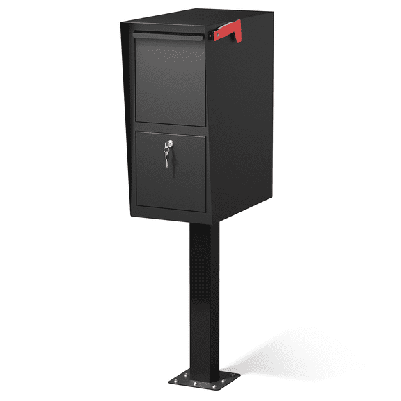 Pochar Secure Curbside Locking Mailbox for Packages, Weekend-Away Design with In-Ground Post and Base Plate (Black)