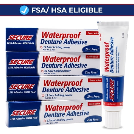 Secure Denture Adhesive Cream, 12-Hour Max Hold, Waterproof Seal - Zinc Free - For Uppers, Lowers & Partials - FSA HSA Approved - Food Grade Ingredients - 1.4 oz (4 Pack)