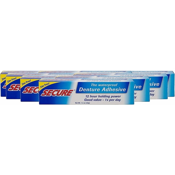 Secure Denture Adhesive Cream, 12-Hour Max Hold, Waterproof Seal - Zinc Free - For Uppers, Lowers & Partials - FSA HSA Approved - Food Grade Ingredients - 1.4 oz (8 Pack)
