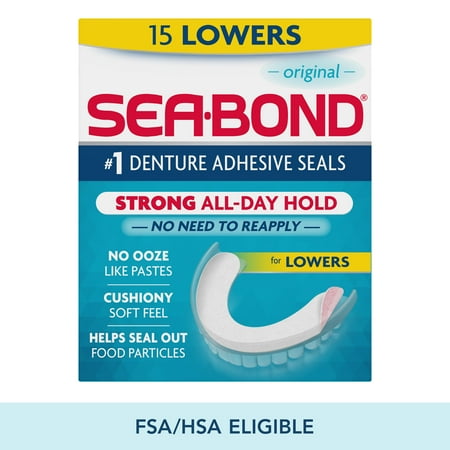 Sea Bond Secure Denture Adhesive Seals, Original Lowers, Zinc-Free, All-Day-Hold, Mess-Free, 15 Count